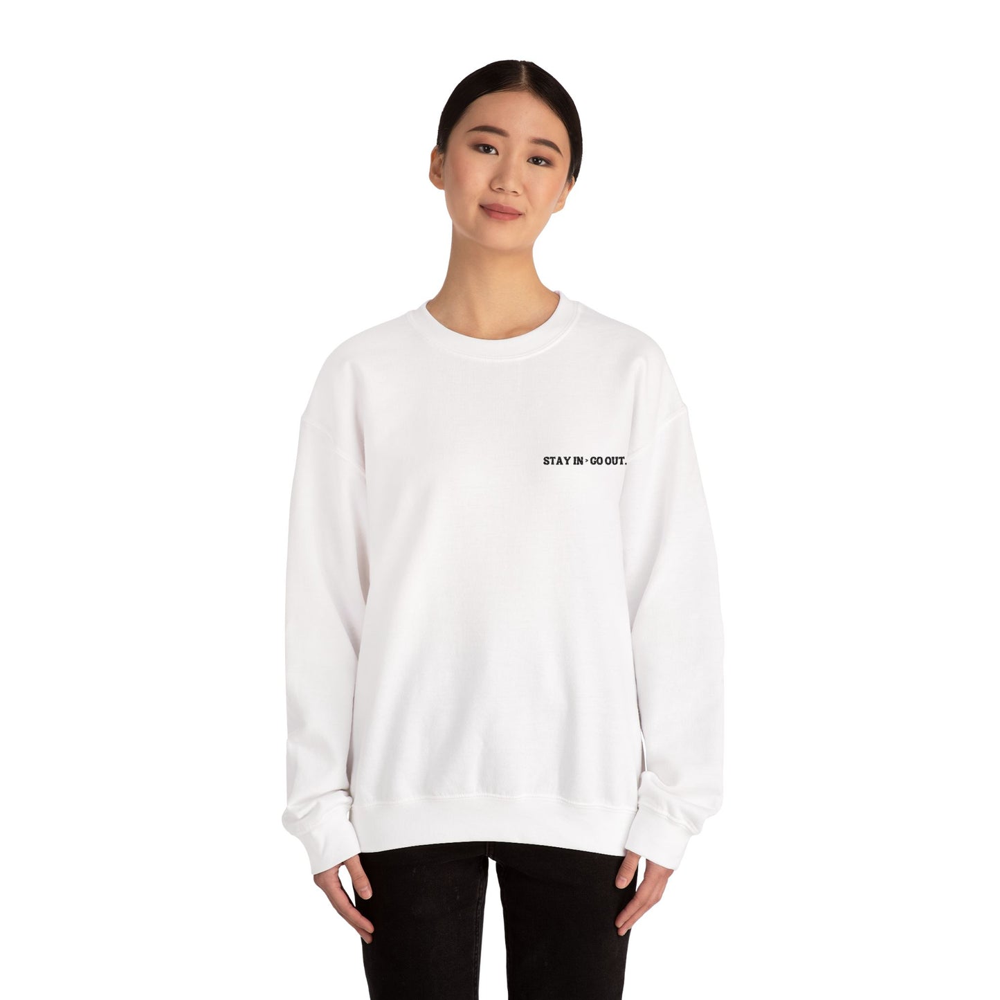 Stay in > go out. Crewneck Sweatshirt, Minimal Embroidered Cozy Pullover, Introvert gift