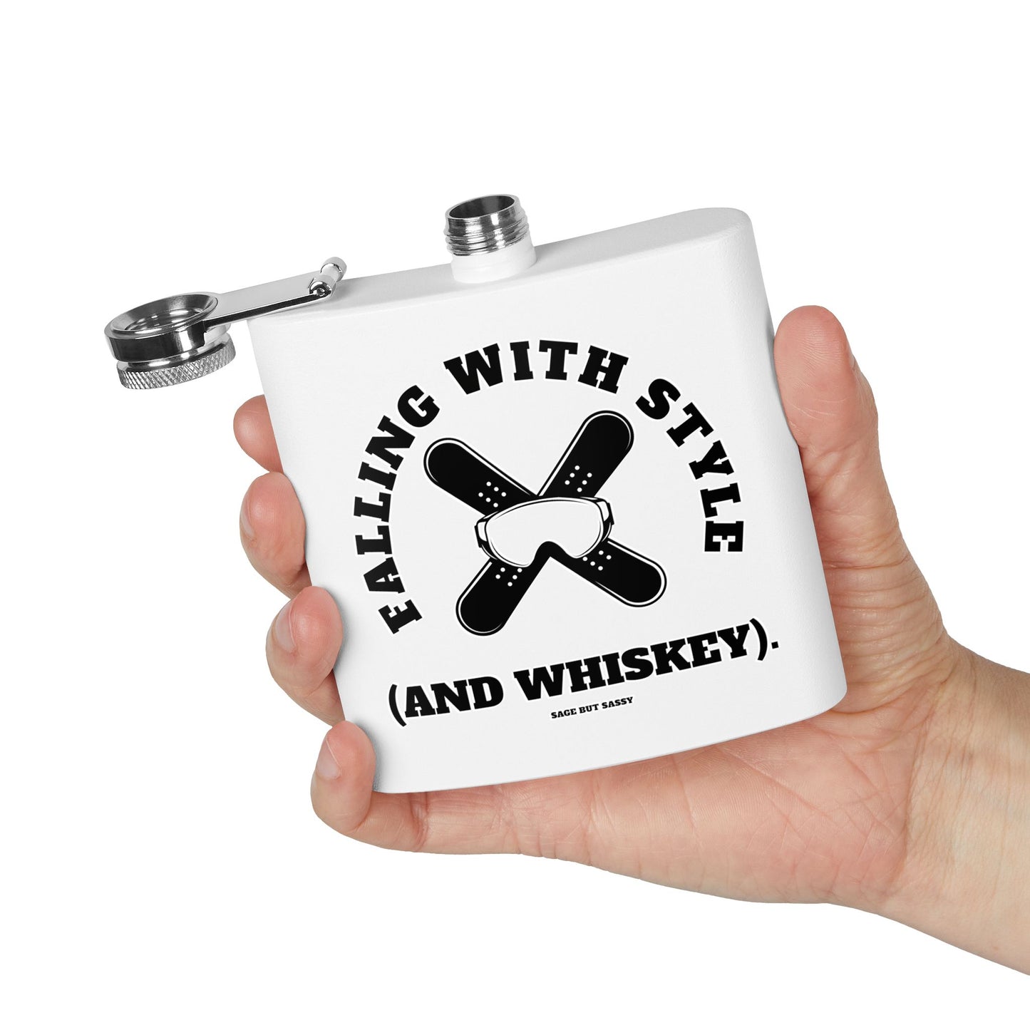 Falling with style and whiskey, Flask, Stainless Steel Hip Flask, Skiing and Snowboarding accessories, 6oz