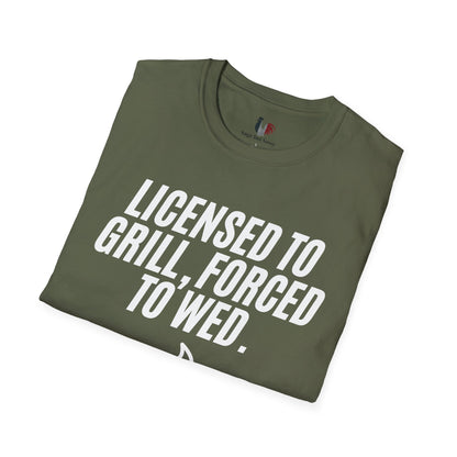 Licensed to grill, forced to wed, T-Shirt, Funny Bachelor Party Tee