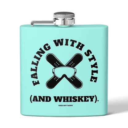 Falling with style and whiskey,  Flask, Stainless Steel Hip Flask, Skiing and Snowboarding accessories, 6oz