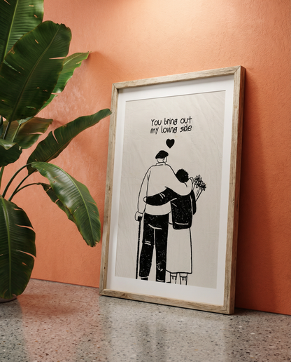 Valentine's Day Poster — "You bring out my loving side" (black) Minimal Abstract Art Print, Gift for Boyfriend/Girlfriend