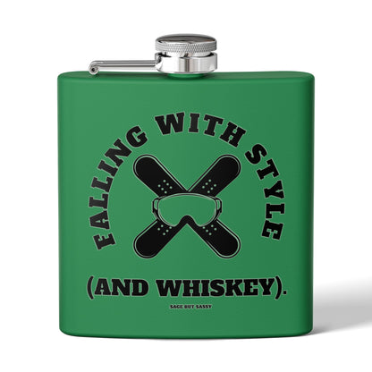 Falling with style and whiskey,  Flask, Stainless Steel Hip Flask, Skiing and Snowboarding accessories, 6oz
